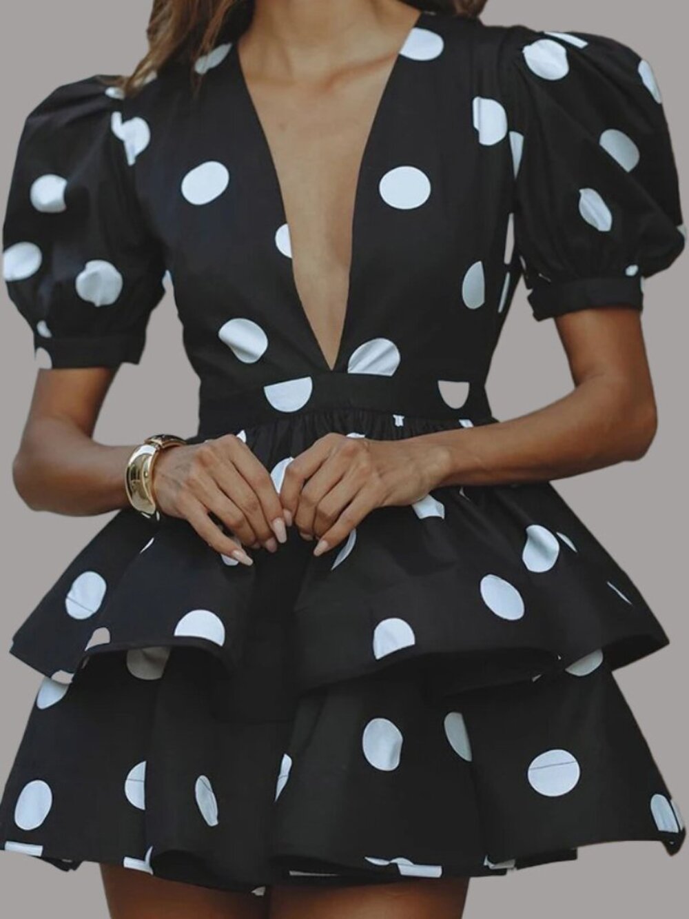 Women's White Polka Dot Lace-Up Dress – Elegant High Waist Short Sleeve Midi Dre